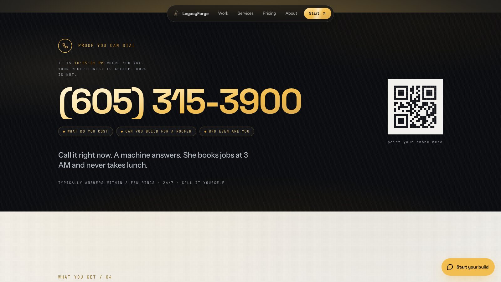 Screenshot of the HotLine section on the LegacyForge AI homepage, showing the live phone number (605) 315-3900 in gold on a dark background.