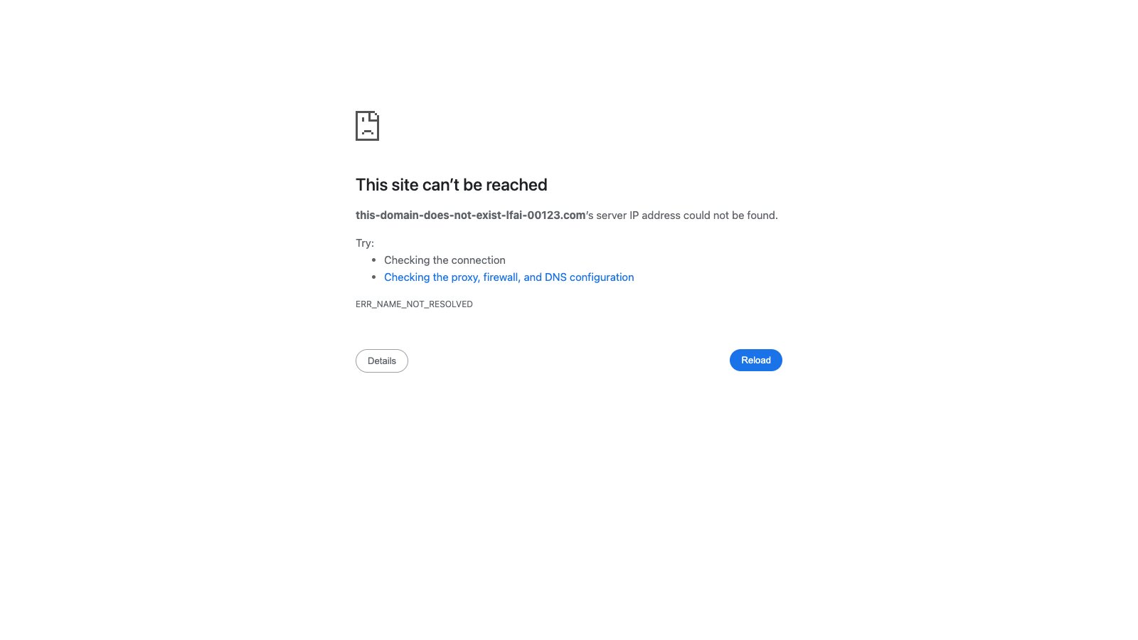 A real Chrome browser error page reading This site can't be reached, captured against a domain that does not exist, illustrating a dead website link.