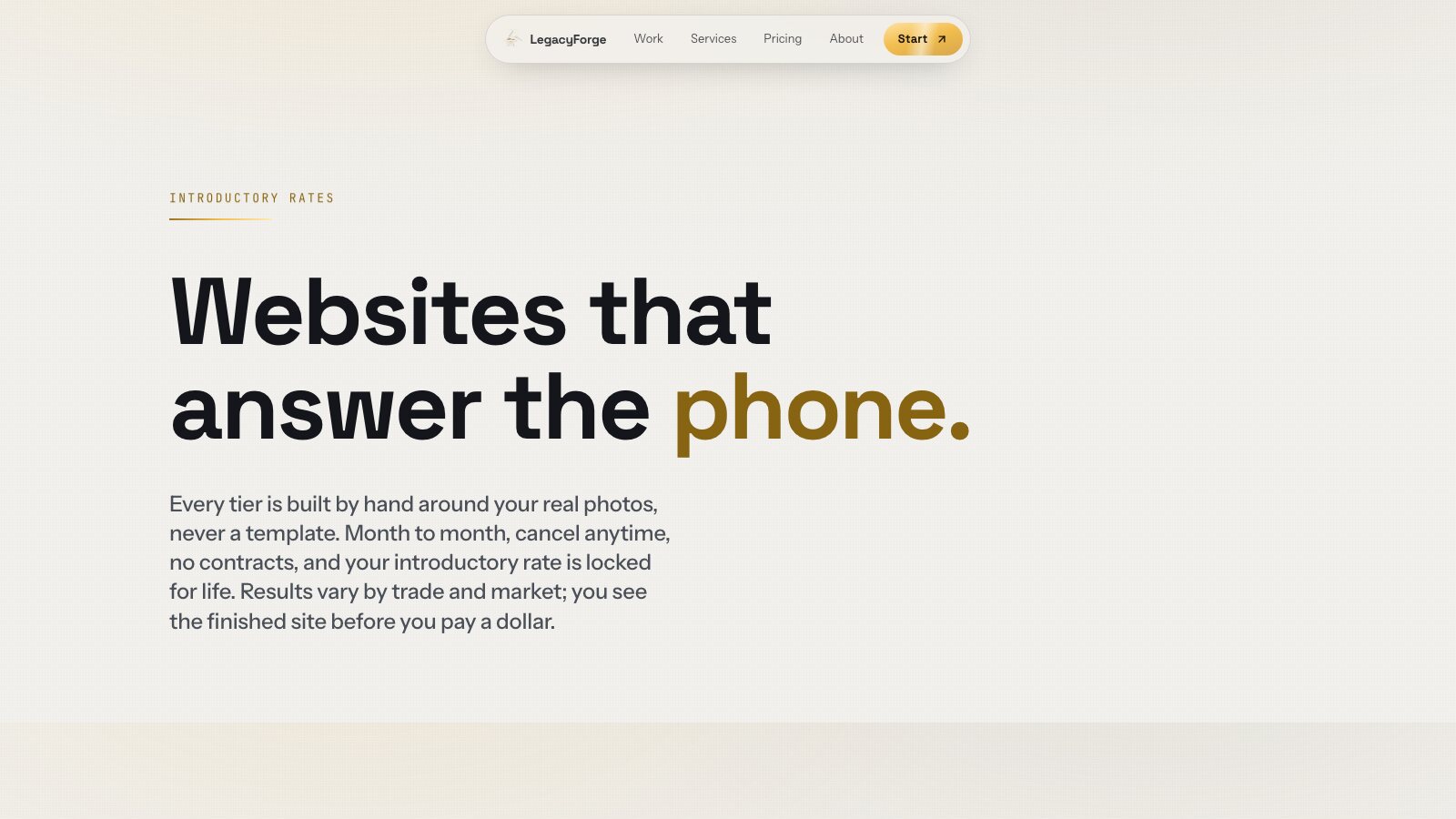 Screenshot of the LegacyForge AI pricing page hero, reading Websites that answer the phone, with the introductory-rate eyebrow above it.