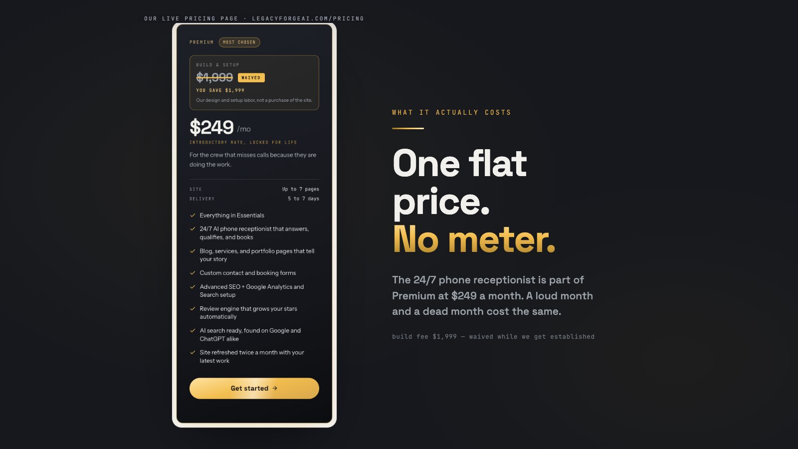Screenshot of the Premium tier card on the live LegacyForge AI pricing page: the $1,999 build fee struck through with a gold Waived badge, the $249 per month price, and the 24/7 AI phone receptionist listed as an included line.