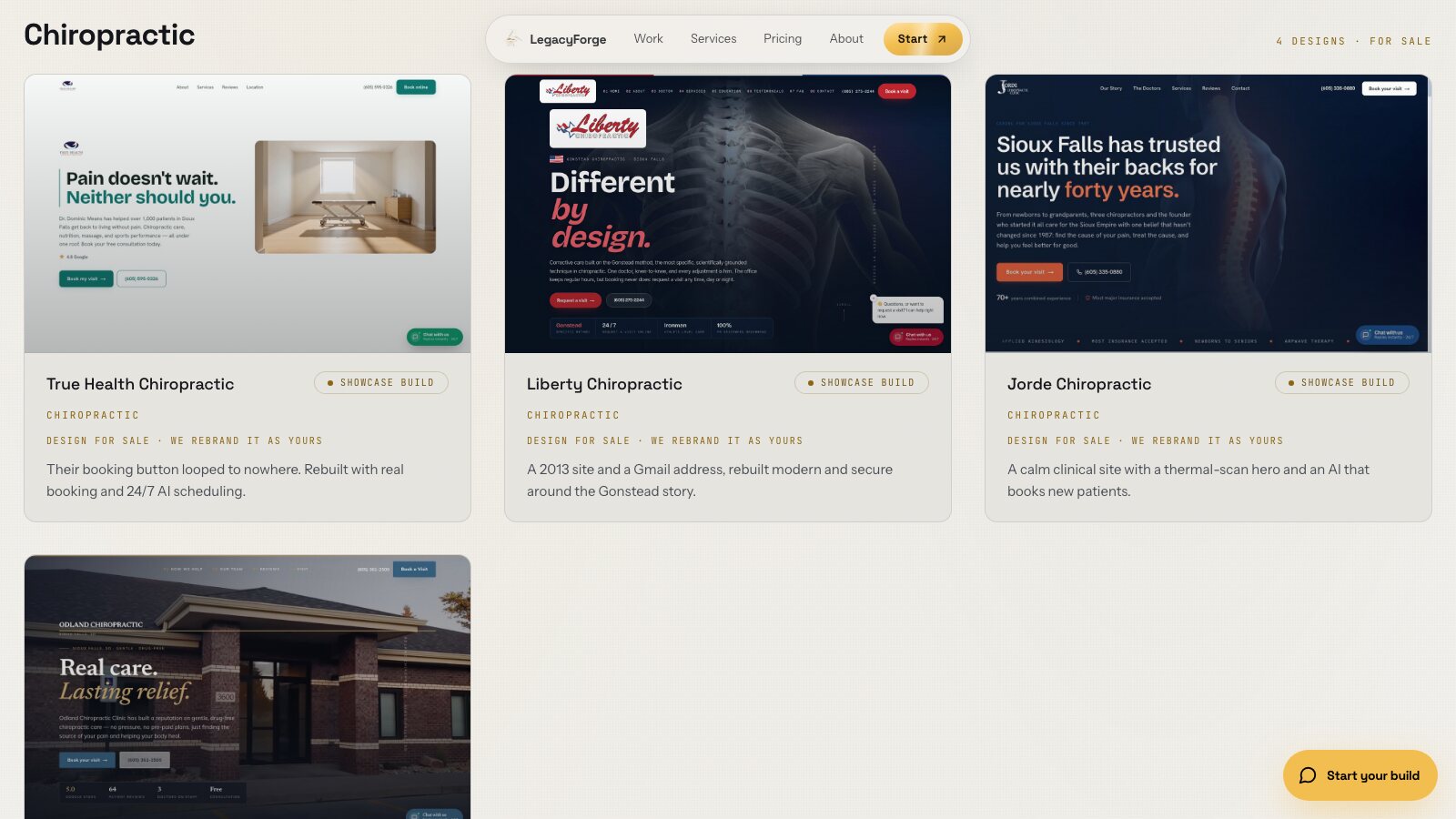 Screenshot of the showcase wall on the LegacyForge AI work page, showing real chiropractic website builds grouped by trade, each tagged design for sale.