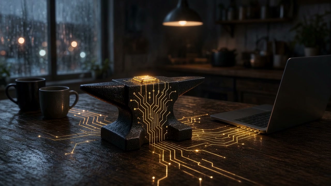 The LegacyForge emblem anvil on a kitchen table in the evening beside two mugs and a half-open laptop, gold circuit traces running between them