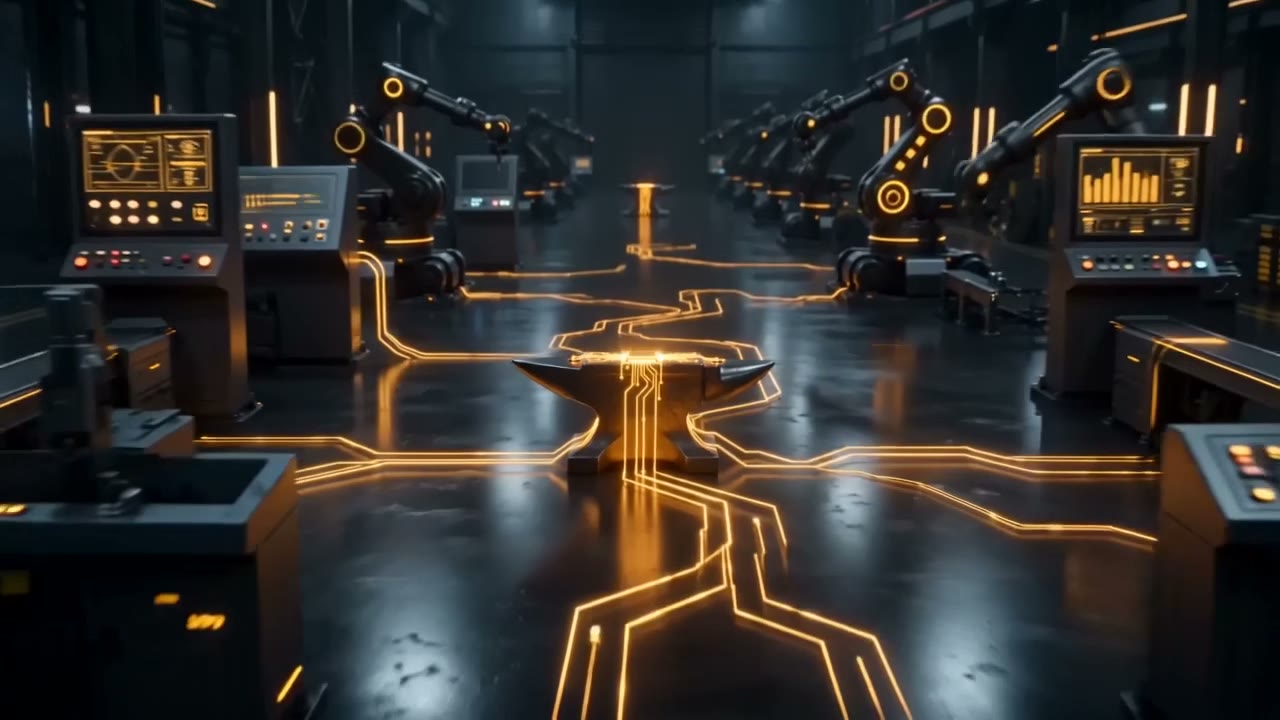 The LegacyForge emblem anvil on a dark factory floor, gold circuit traces flowing outward and waking robotic production stations